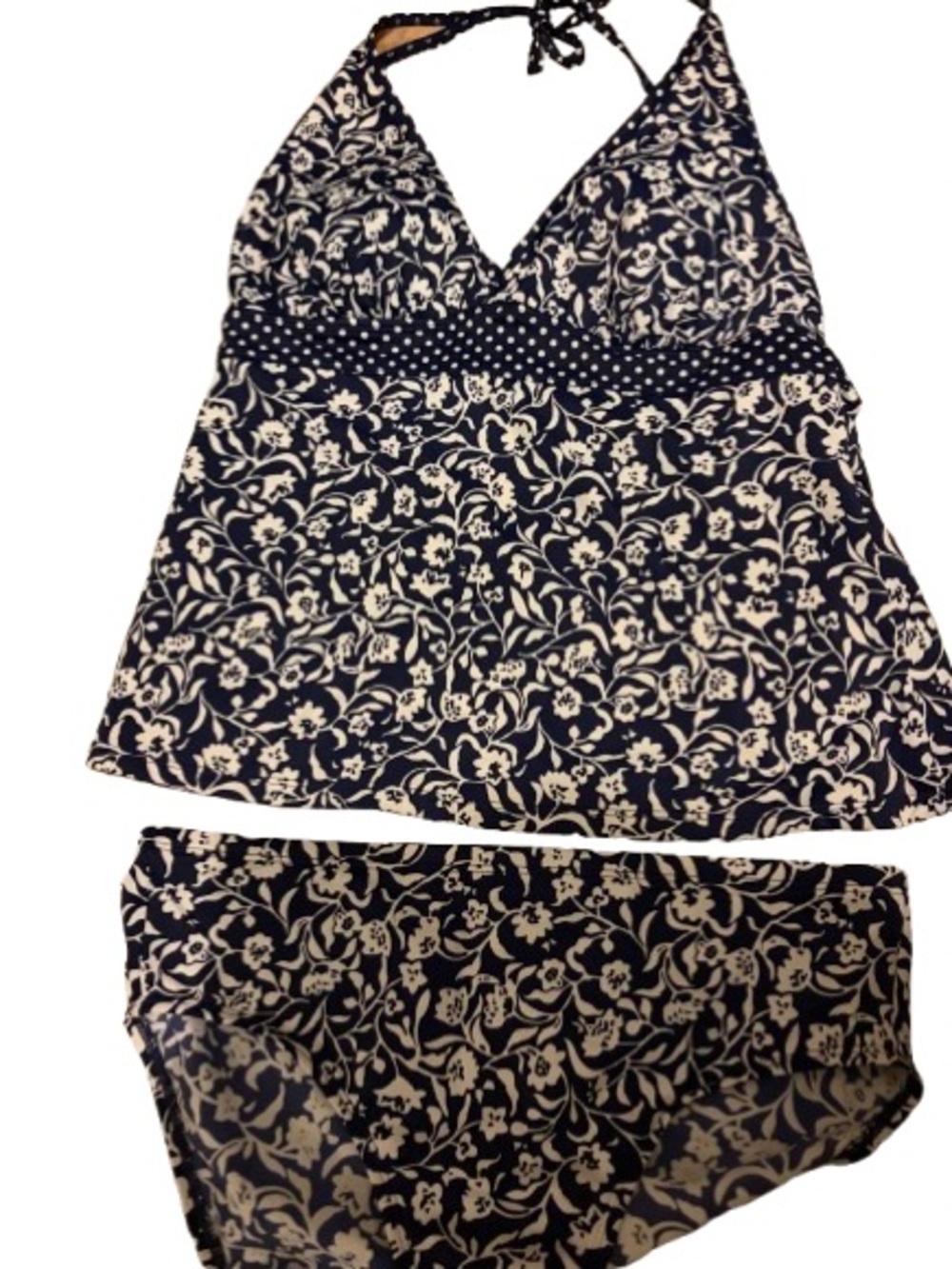 Lands' End Navy and White Floral Tankini Bikini Set top size 12, bottom 10